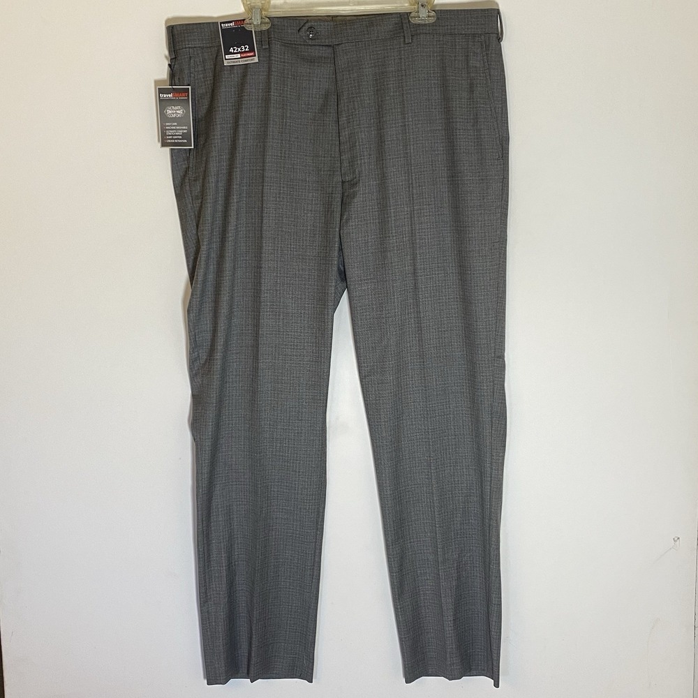 Roundtree & Yorke Dress Pants Mens 42x32 Gray‎ Slacks Travel Smart Classic NEW